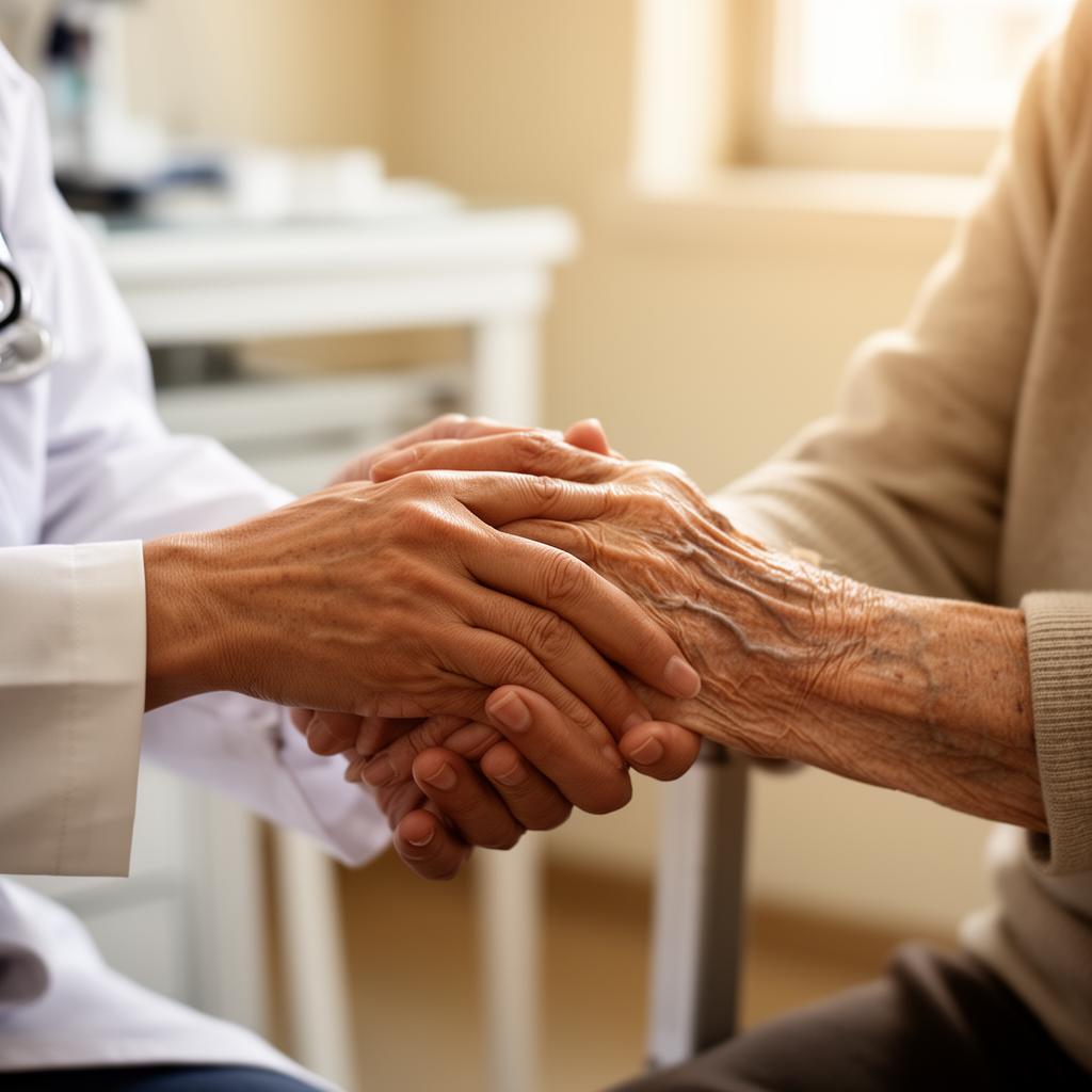 Mãos de médico segurando mãos de paciente idoso
