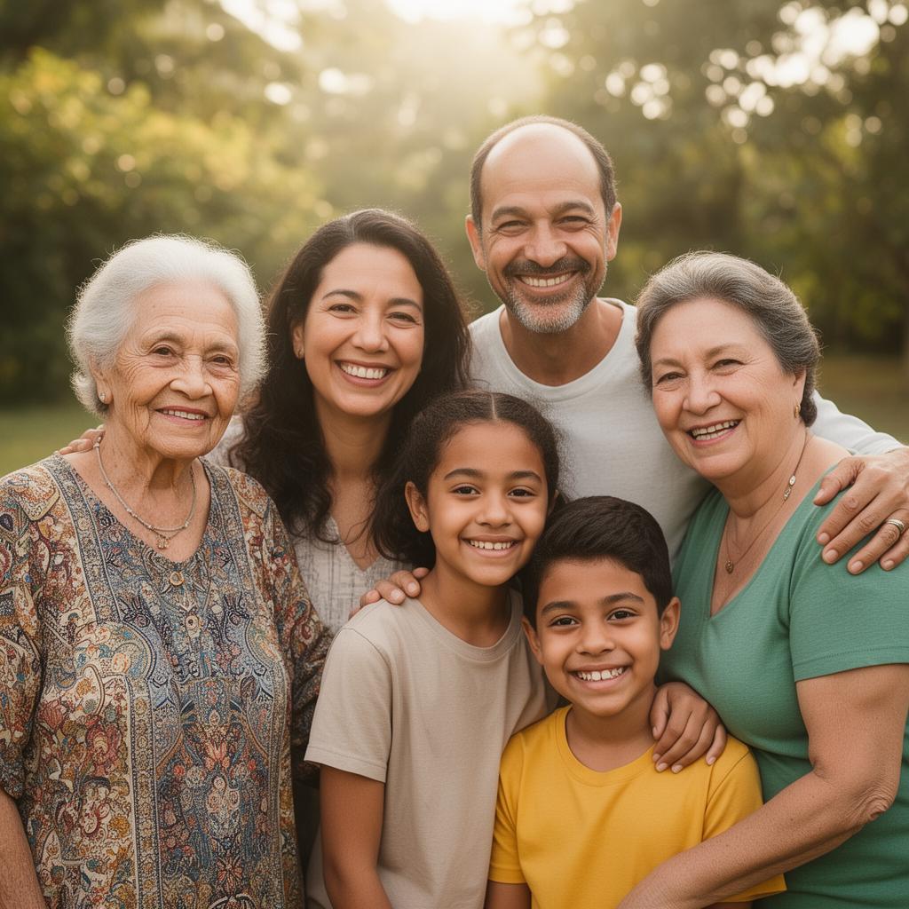 Família feliz reunida ao ar livre